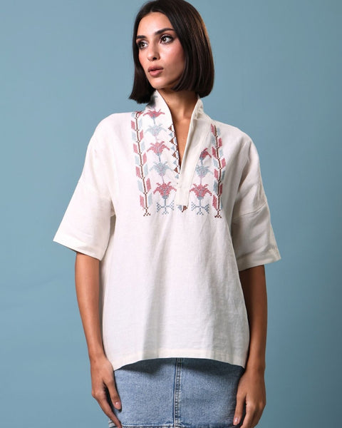 Pear Branch Linen Shirt | التطريز فرع الكمثرى