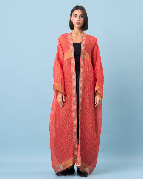 Zari Silk Long Sleeves Abaya-Red