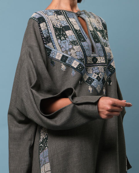 Grey Olive Traditional Palestinian Linen Thobe Ramallah Embroidery | تطريز رام الله