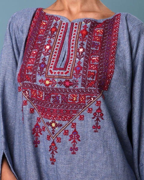 Traditional Palestinian Linen Thobe Ramallah Embroidery | تطريز رام الله