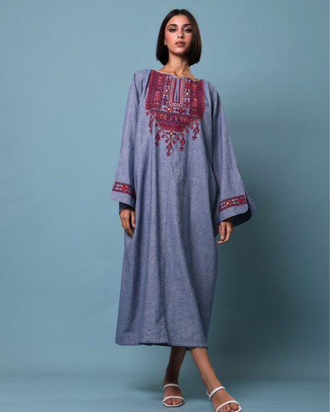 Traditional Palestinian Linen Thobe Ramallah Embroidery | تطريز رام الله