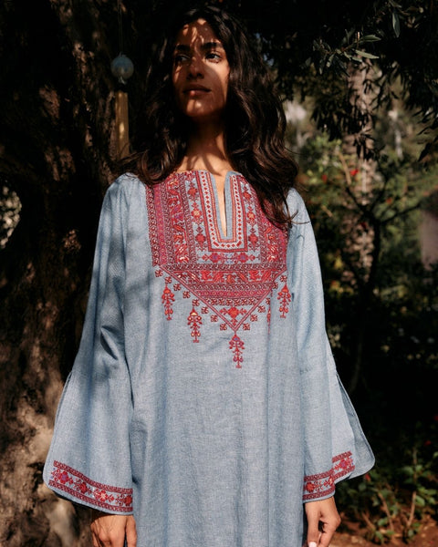Traditional Palestinian Linen Thobe Ramallah Embroidery | تطريز رام الله