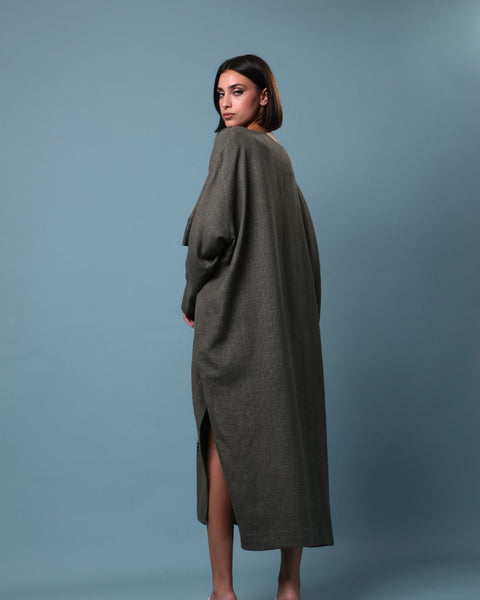 Grey Olive Traditional Palestinian Linen Thobe Ramallah Embroidery | تطريز رام الله