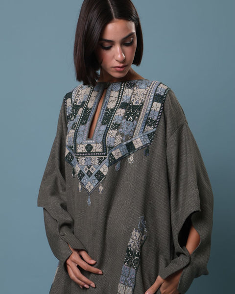 Grey Olive Traditional Palestinian Linen Thobe Ramallah Embroidery | تطريز رام الله