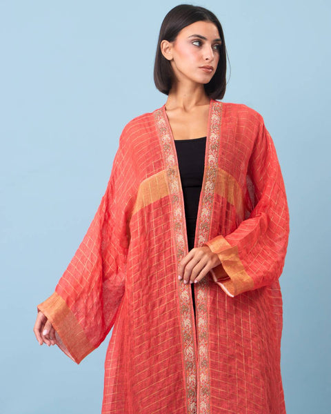 Zari Silk Long Sleeves Abaya-Red