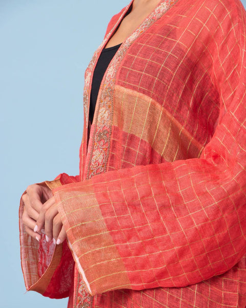 Zari Silk Long Sleeves Abaya-Red