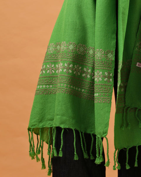 Green Cotton Wool Shawl Mixed Embroidery | التطريز المختلط