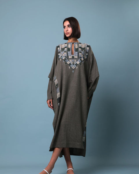 Grey Olive Traditional Palestinian Linen Thobe Ramallah Embroidery | تطريز رام الله