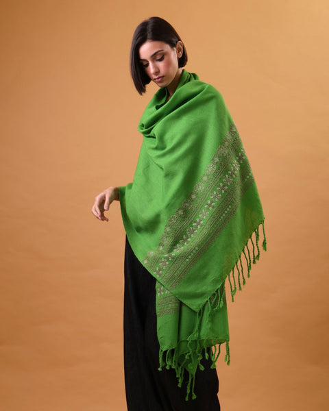 Green Cotton Wool Shawl Mixed Embroidery | التطريز المختلط