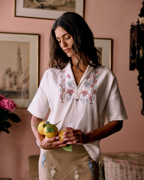 Pear Branch Linen Shirt | التطريز فرع الكمثرى